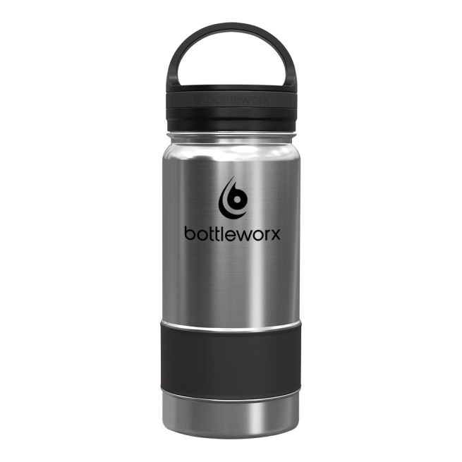 16oz insulated bottle, stainless steel with black bottom band and black lid