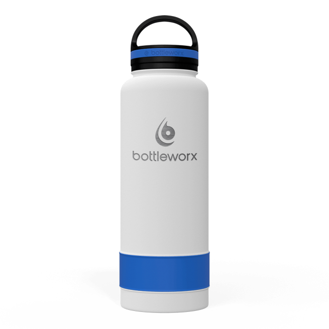 40oz insulated bottle, white body with blue band and black lid