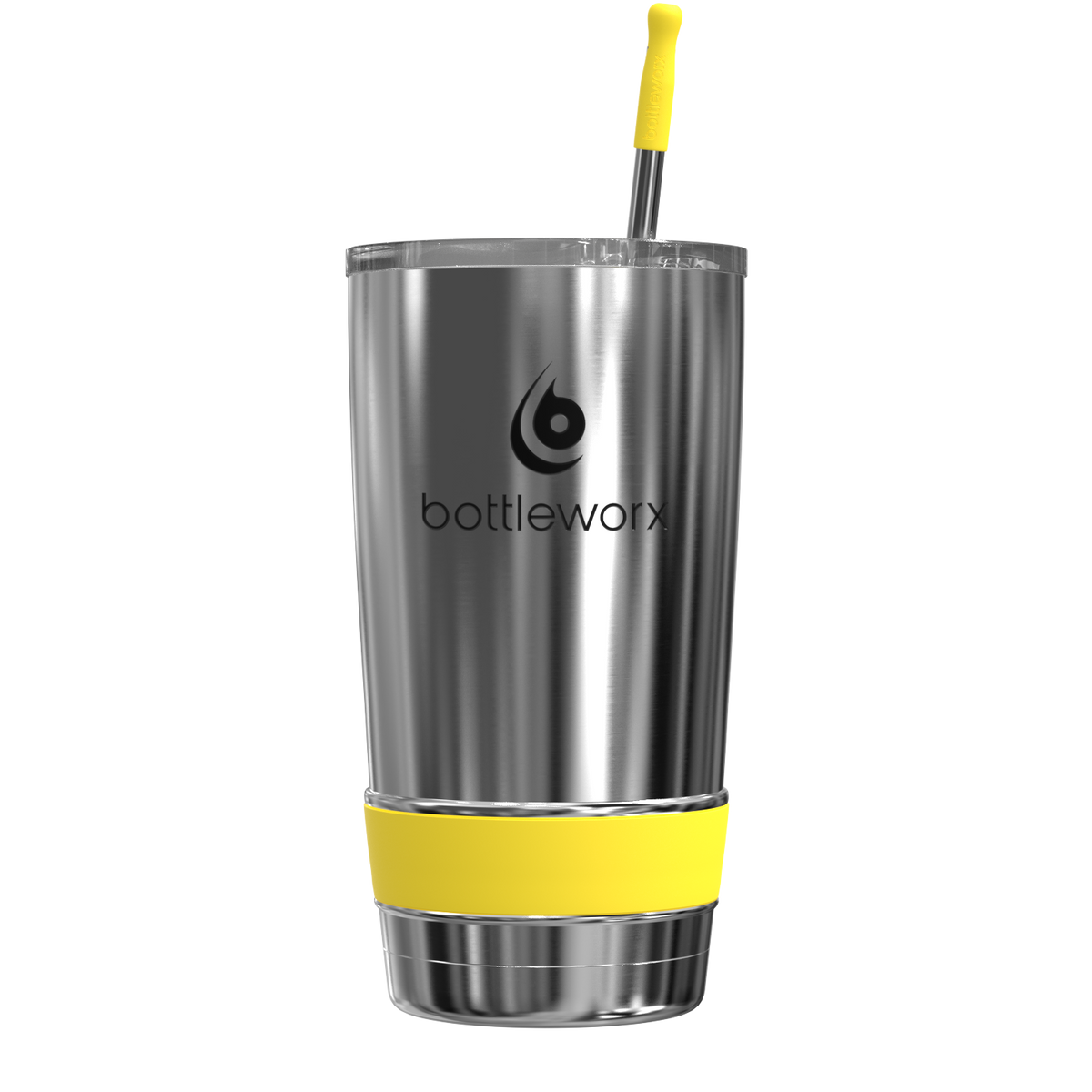 20oz stainless steel tumbler with yellow band and yellow straw