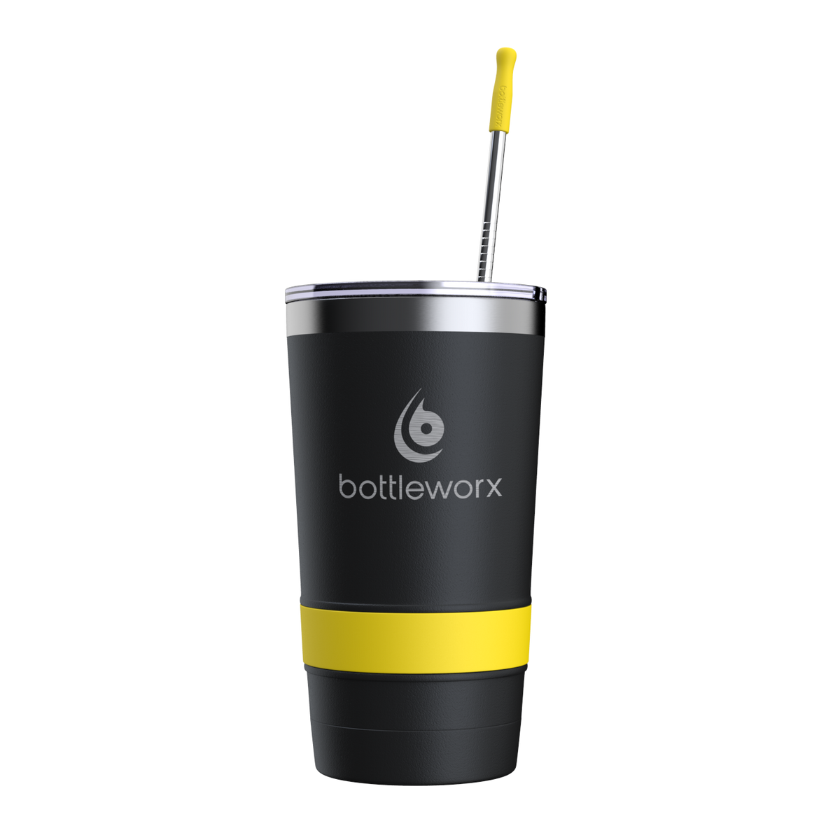 16oz black powder-coated tumbler with straw; yellow band and bottleworx logo