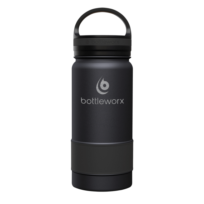 Insulated 16oz bottle, black body with black lid and carry handle
