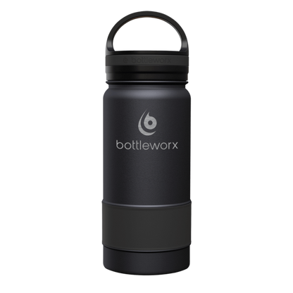 Insulated 16oz bottle, black body with black lid and carry handle