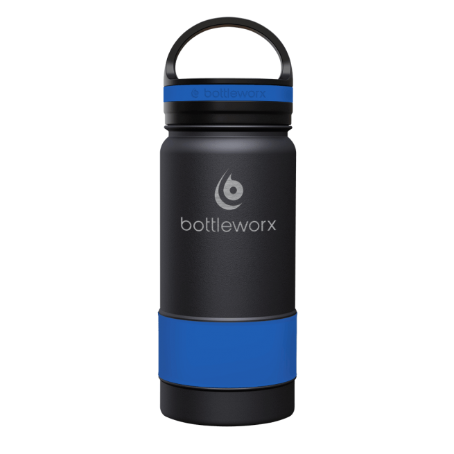 16oz insulated bottle, black with blue band and blue lid band