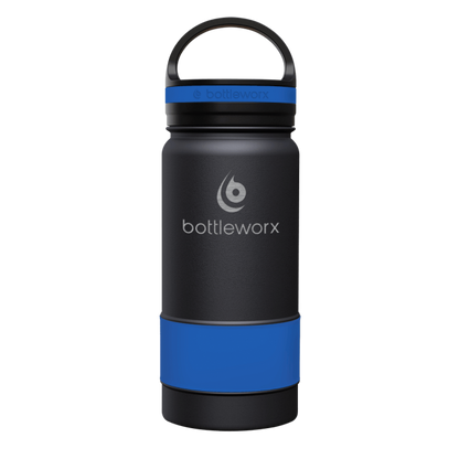 16oz insulated bottle, black with blue band and blue lid band