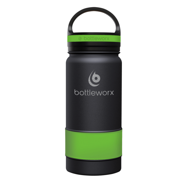 Black insulated bottle with lime green band, black lid and carry handle
