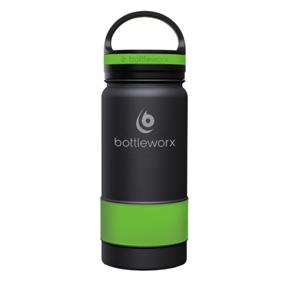 Black insulated bottle with lime green band, black lid and carry handle