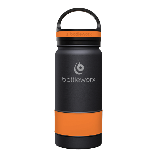 16oz insulated bottle, black with orange band and orange lid band