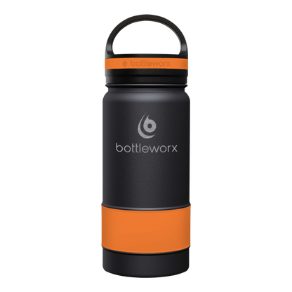 16oz insulated bottle, black with orange band and orange lid band
