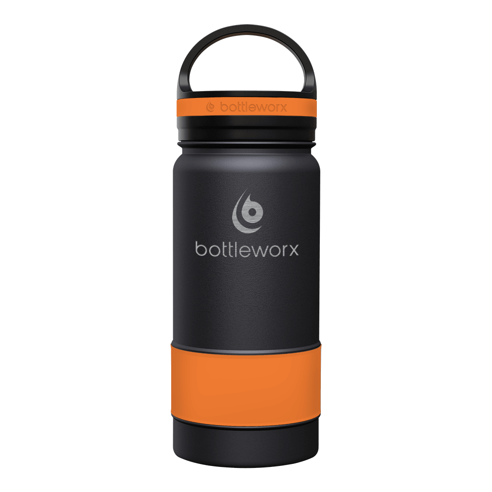 Black insulated bottle with orange band, black lid and carry handle