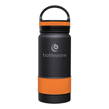Black insulated bottle with orange band, black lid and carry handle