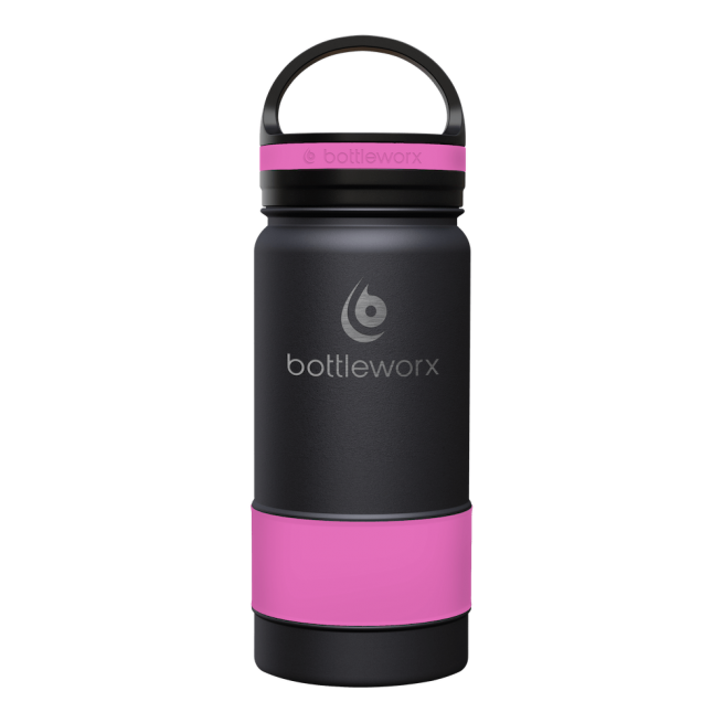 16oz insulated bottle, black with pink band and pink lid band