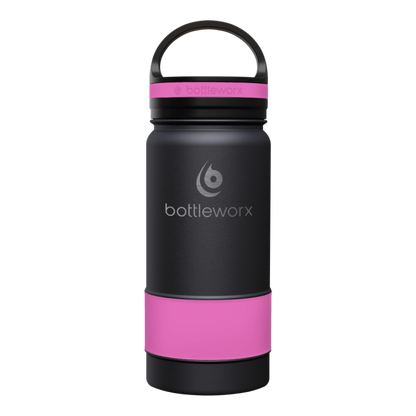 16oz insulated bottle, black with pink band and pink lid band
