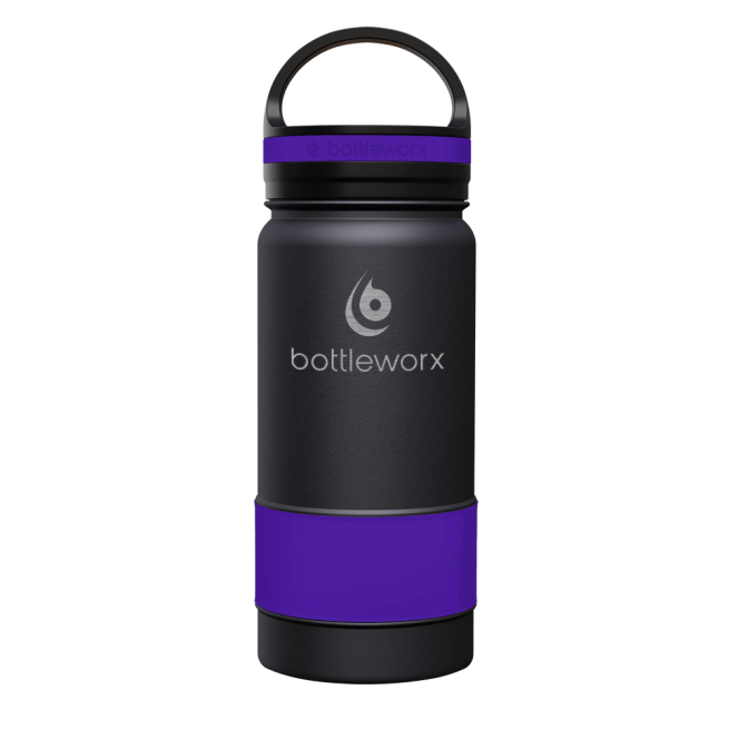 Black insulated bottle with purple band, black lid and carry handle
