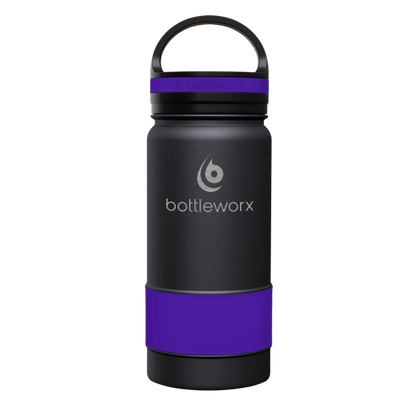 Black insulated bottle with purple band, black lid and carry handle