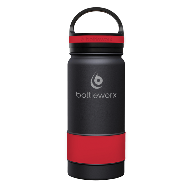 16oz insulated bottle, black with red band and black lid