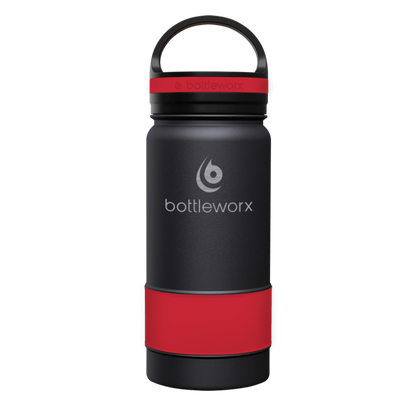 16oz insulated bottle, black with red band and black lid