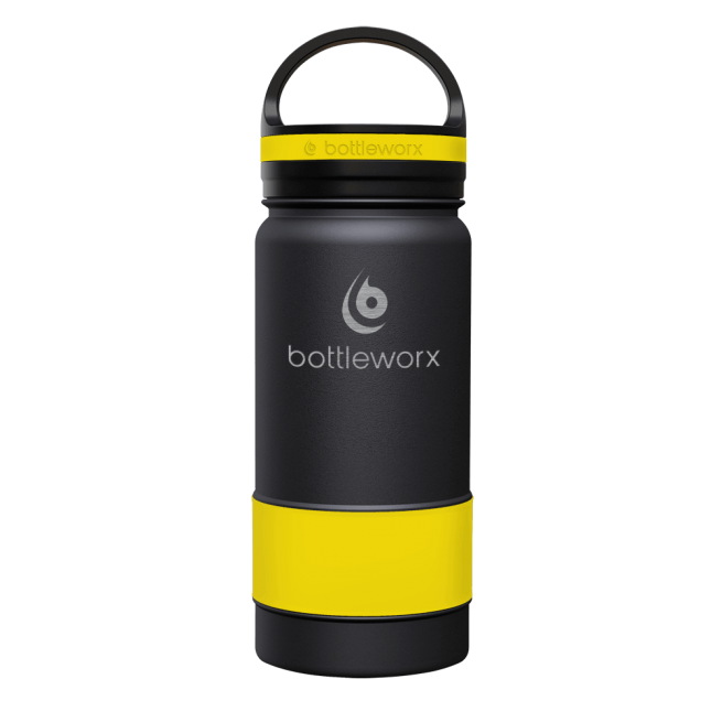 16oz insulated bottle, black with yellow band and yellow lid band