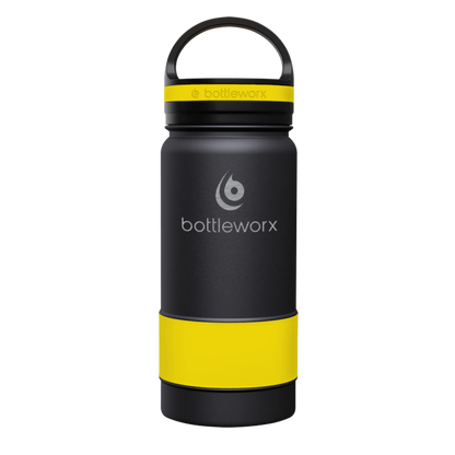 16oz insulated bottle, black with yellow band and yellow lid band
