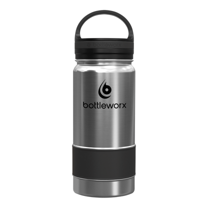 16oz insulated bottle, stainless steel with black bottom band and black lid