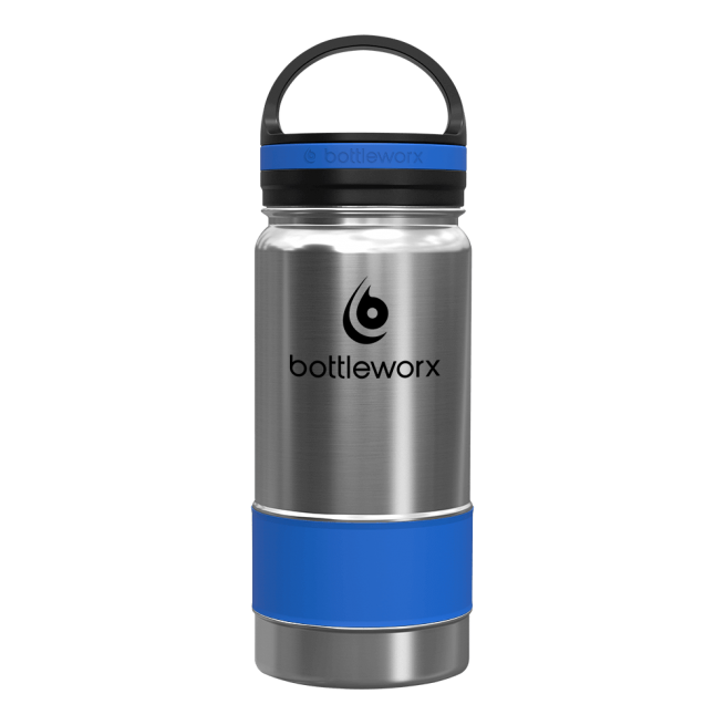 Stainless insulated bottle with blue band, black lid and carry handle