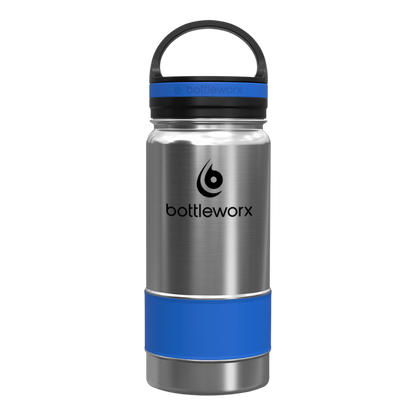 Stainless insulated bottle with blue band, black lid and carry handle