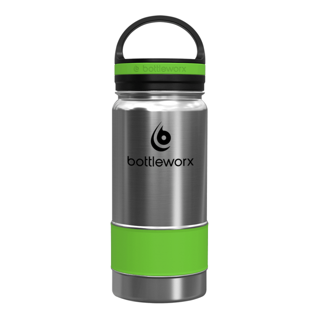 Insulated 16oz bottle, stainless steel body with green band and black lid