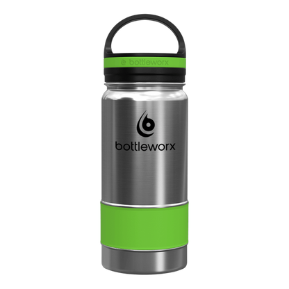 Insulated 16oz bottle, stainless steel body with green band and black lid