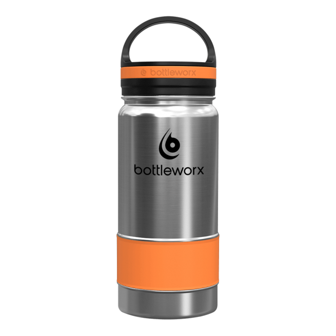 16oz insulated bottle, stainless steel with orange band and orange lid band