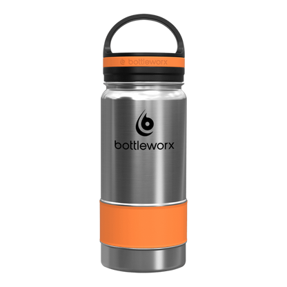 16oz insulated bottle, stainless steel with orange band and orange lid band