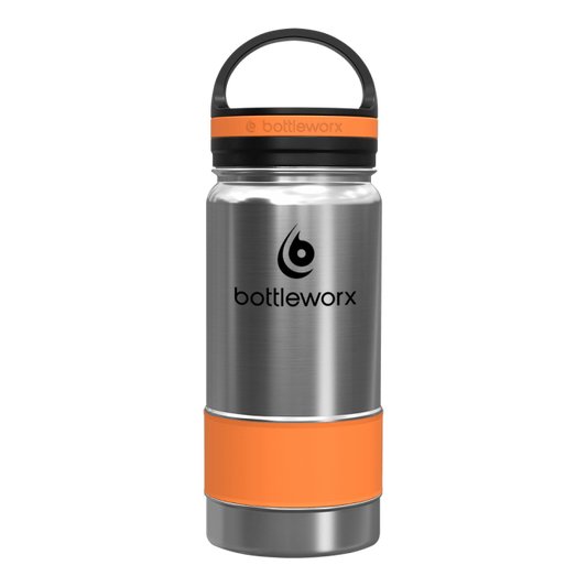 16oz insulated bottle, stainless steel with orange band and orange lid band