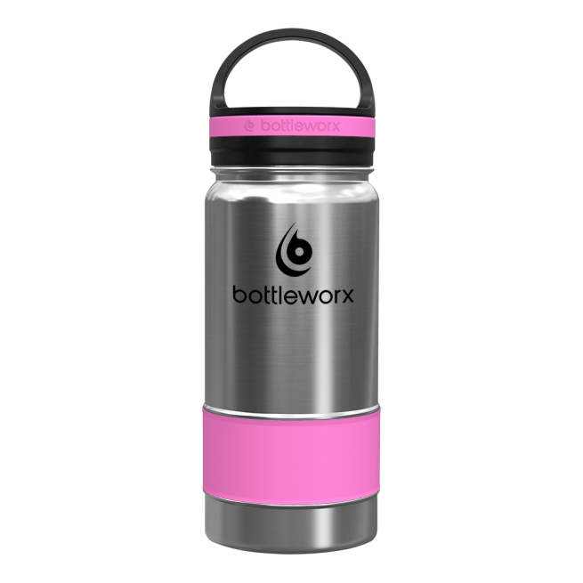 Stainless insulated bottle with pink band, black lid and carry handle