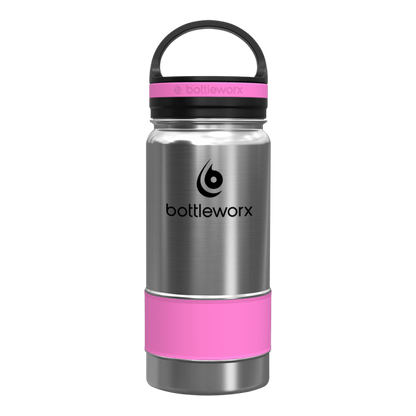 Stainless insulated bottle with pink band, black lid and carry handle