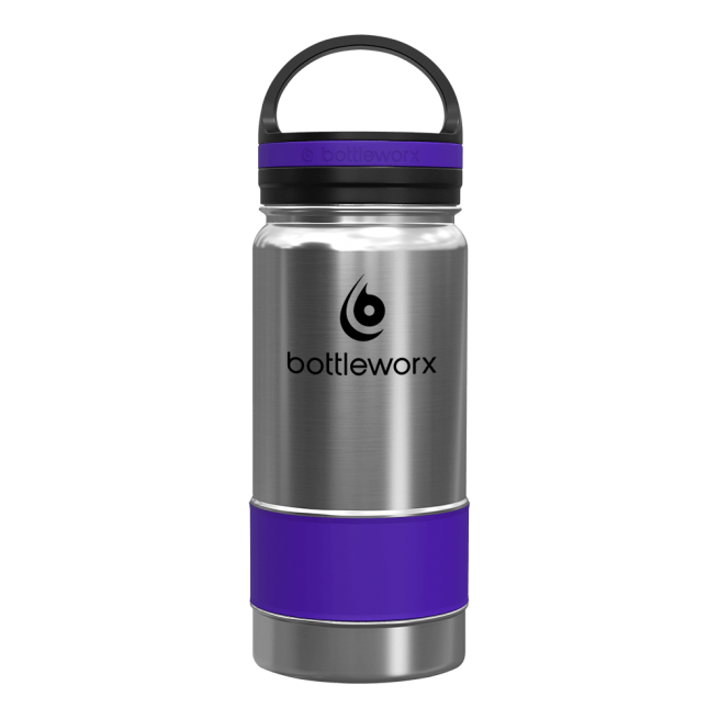 Stainless insulated bottle with purple band, black lid and carry handle