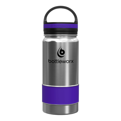 Stainless insulated bottle with purple band, black lid and carry handle