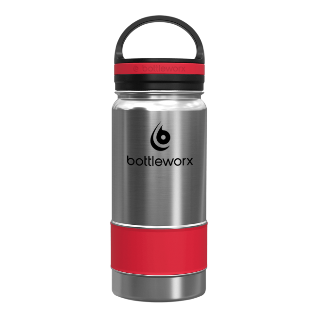 Stainless insulated bottle with red band, black lid and carry handle