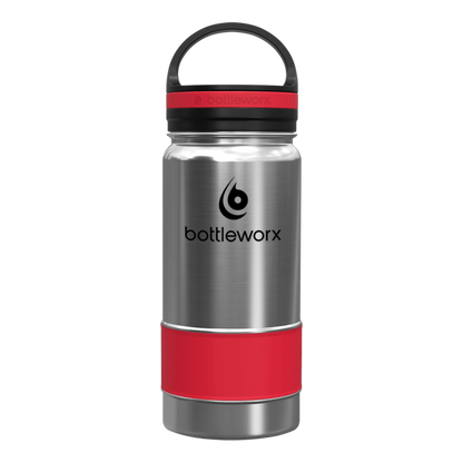 Stainless insulated bottle with red band, black lid and carry handle