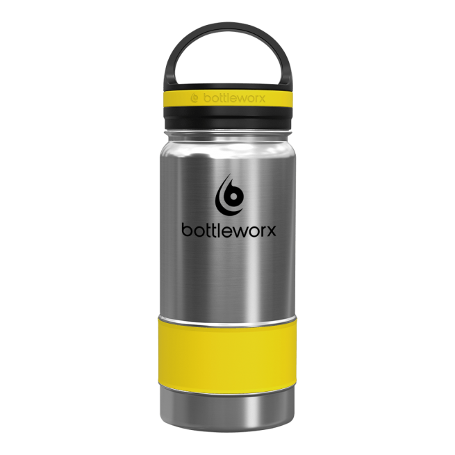 Stainless insulated bottle with yellow band, black lid and carry handle