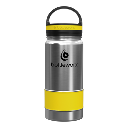 Stainless insulated bottle with yellow band, black lid and carry handle