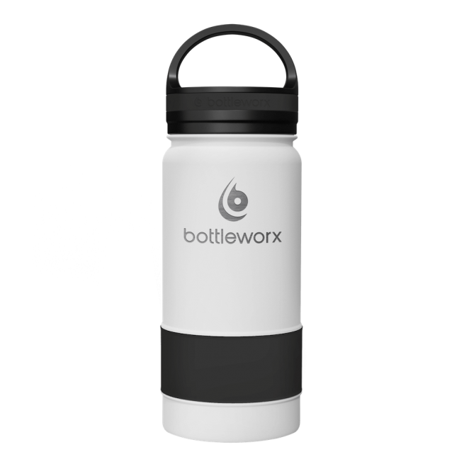 16oz insulated bottle, white with black bottom band and black lid