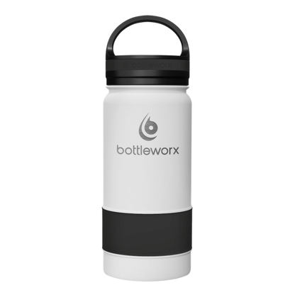 16oz insulated bottle, white with black bottom band and black lid