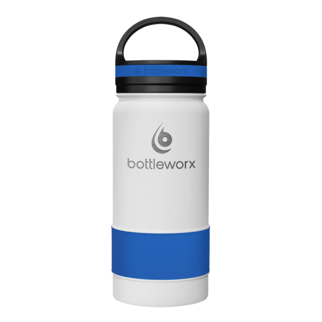 Insulated 16oz bottle, white body with blue middle band and black lid