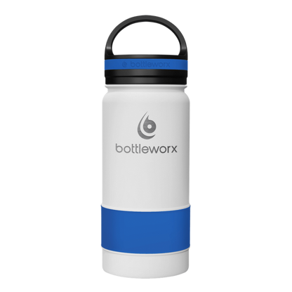 Insulated 16oz bottle, white body with blue middle band and black lid