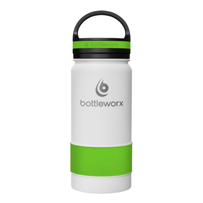 Insulated 16oz bottle, white body with green band and black lid