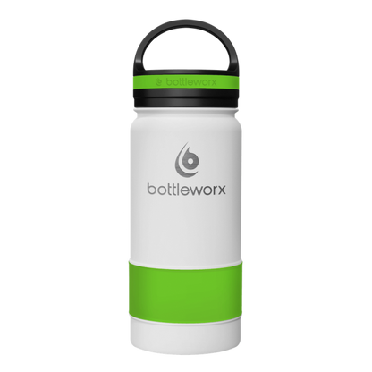 Insulated 16oz bottle, white body with green band and black lid