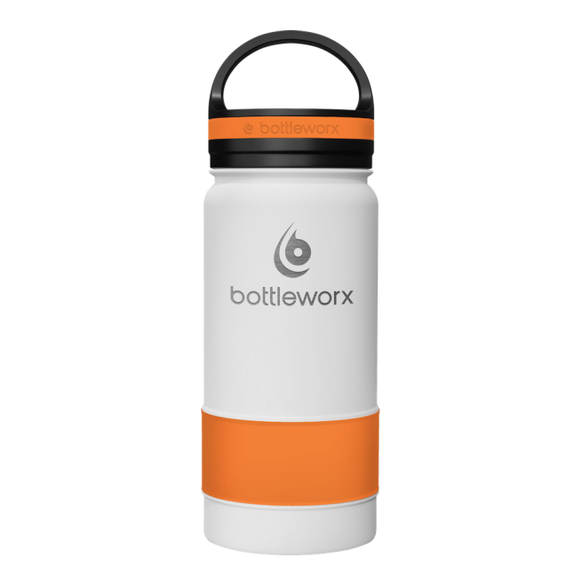 Insulated 16oz bottle, white body with orange band and black lid