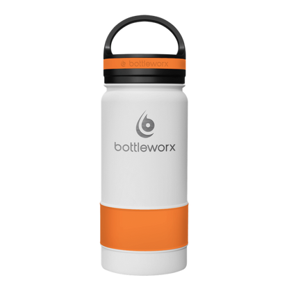 Insulated 16oz bottle, white body with orange band and black lid