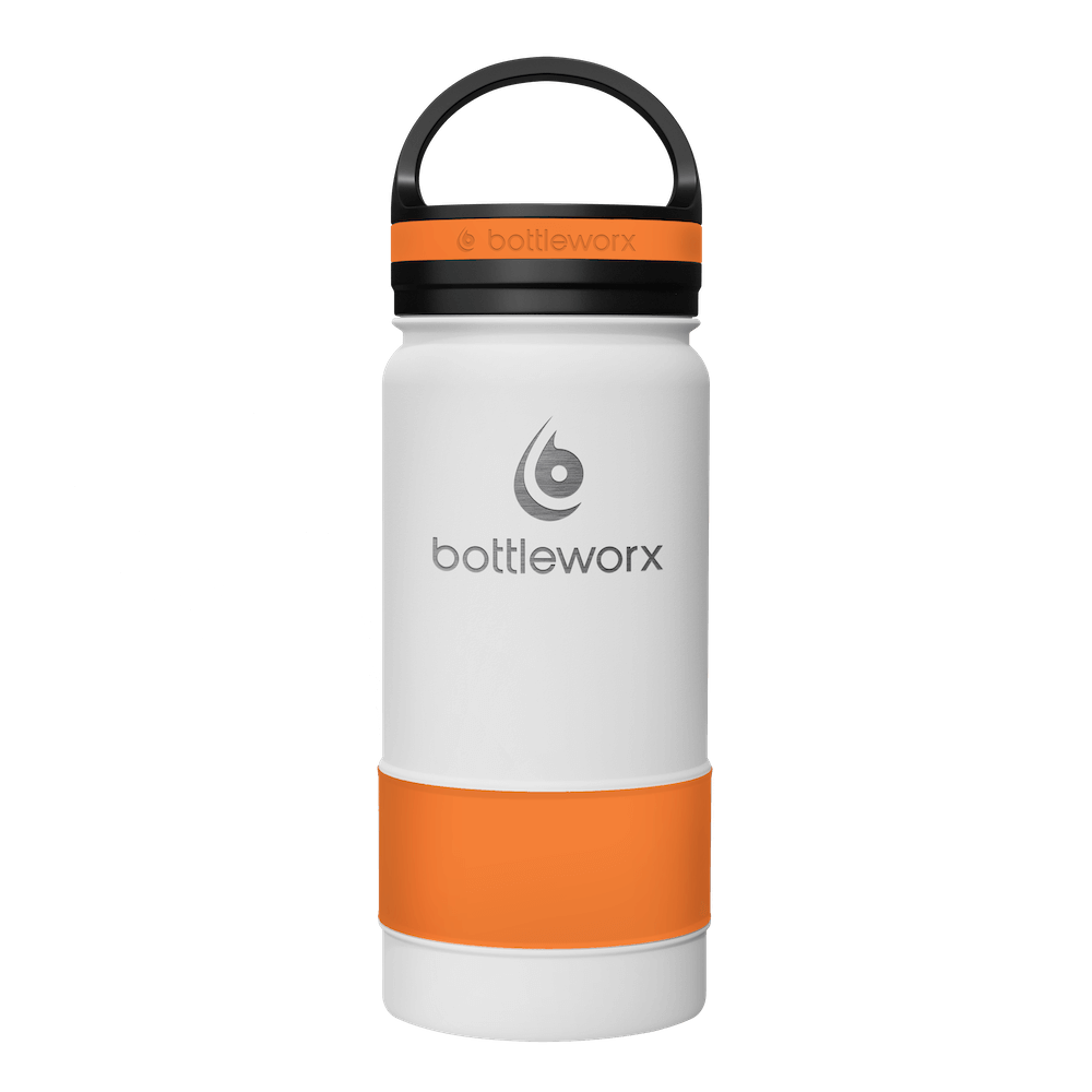 White insulated bottle with orange band, black lid and carry handle