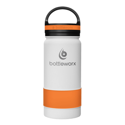 White insulated bottle with orange band, black lid and carry handle
