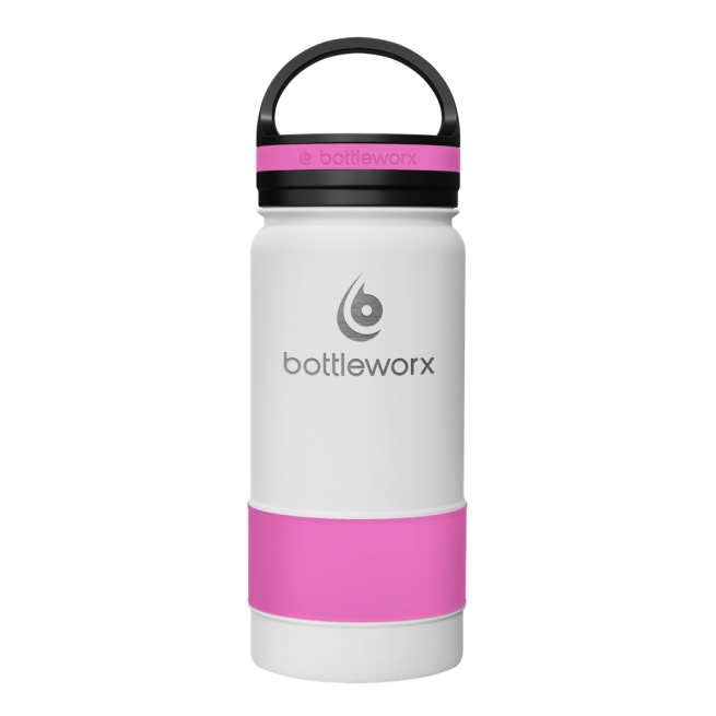 Insulated 16oz bottle, white body with pink band and black lid
