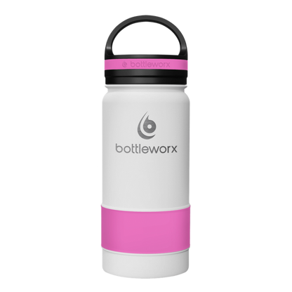Insulated 16oz bottle, white body with pink band and black lid